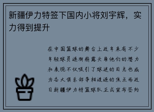 新疆伊力特签下国内小将刘宇辉，实力得到提升