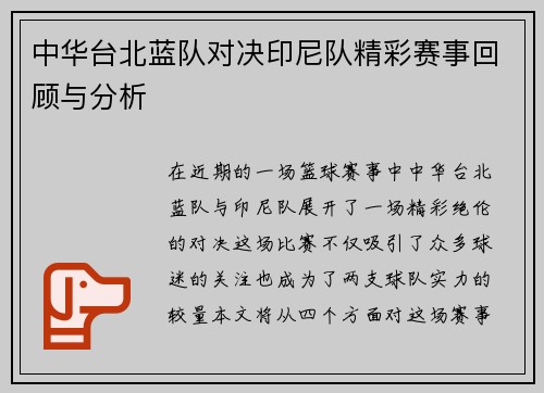 中华台北蓝队对决印尼队精彩赛事回顾与分析