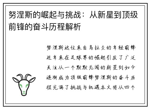 努涅斯的崛起与挑战：从新星到顶级前锋的奋斗历程解析