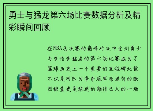 勇士与猛龙第六场比赛数据分析及精彩瞬间回顾