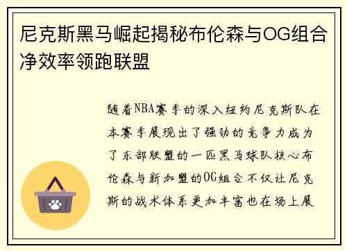 尼克斯黑马崛起揭秘布伦森与OG组合净效率领跑联盟