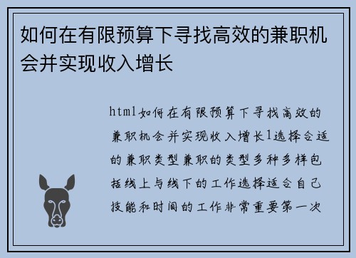 如何在有限预算下寻找高效的兼职机会并实现收入增长